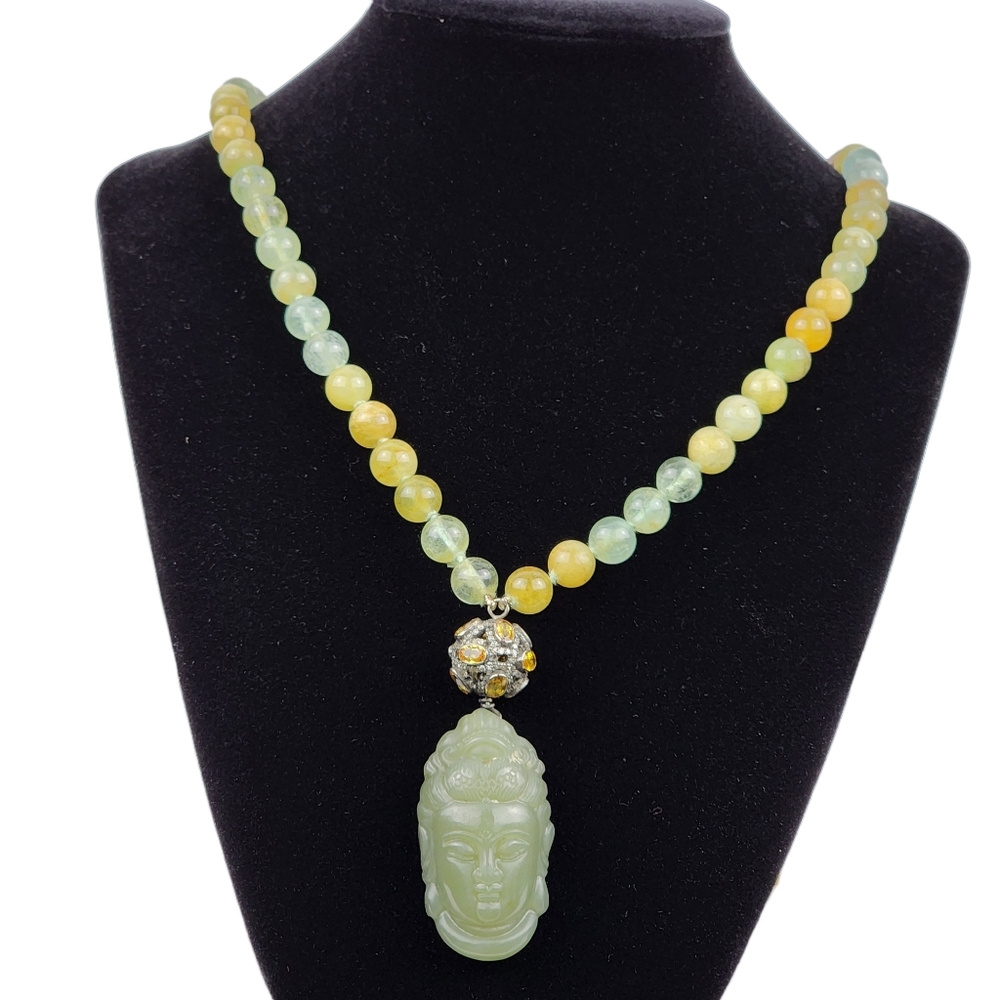 Sculpted Resin Buddha Head Necklace with Jade, Sapphire and Diamonds